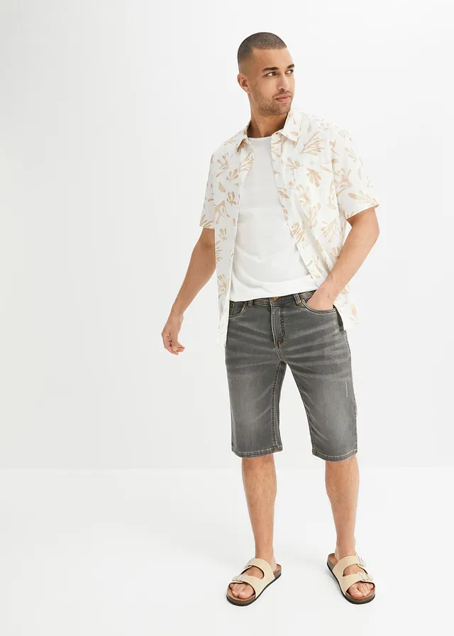 Bermuda en sweat effet jean, coupe ventre confort, regular, Couleur: gris clair denim