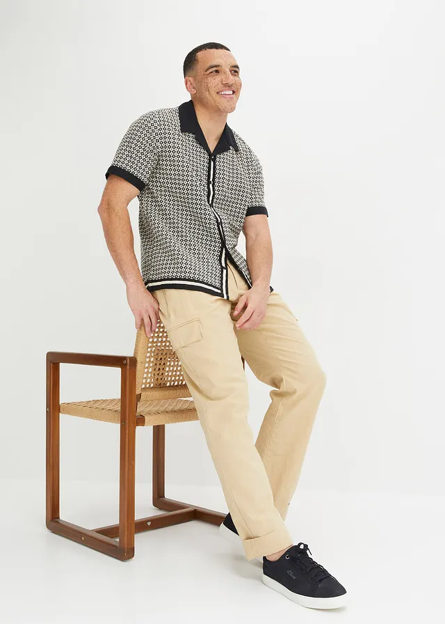 Chemise manches courtes en lin majoritaire, Couleur: gris galet/noir