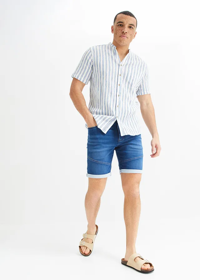 Overhemd in crinkle look met korte mouwen, Kleur: blauw gestreept