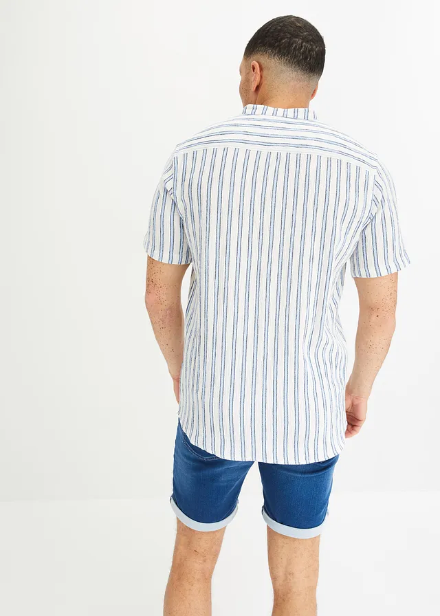 Overhemd in crinkle look met korte mouwen, Kleur: blauw gestreept