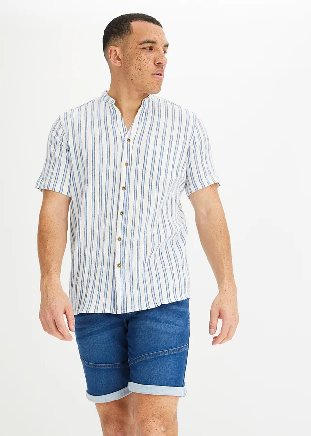Overhemd in crinkle look met korte mouwen, Kleur: blauw gestreept