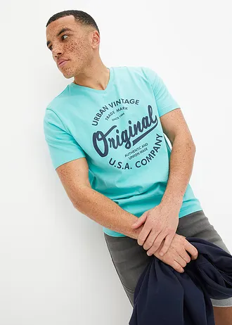 T-shirt met V-hals van biologisch katoen • pacifisch groen-donkerblauw • bonprix online shop