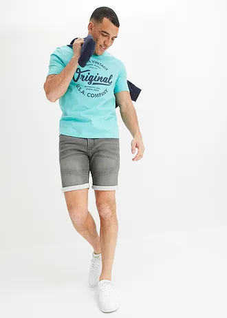 T-shirt met V-hals van biologisch katoen, Kleur: pacifisch groen-donkerblauw