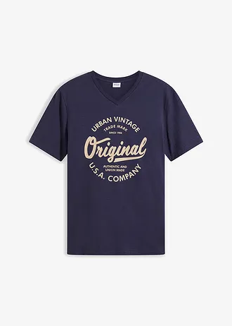 T-shirt met V-hals van biologisch katoen • donkerblauw-saharabeige • bonprix online shop