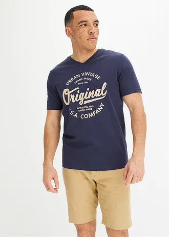 T-shirt met V-hals van biologisch katoen • donkerblauw-saharabeige • bonprix online shop