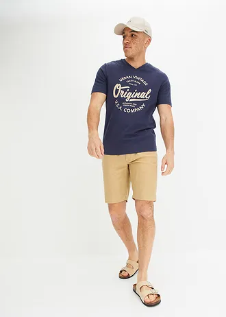 T-shirt met V-hals van biologisch katoen • donkerblauw-saharabeige • bonprix online shop