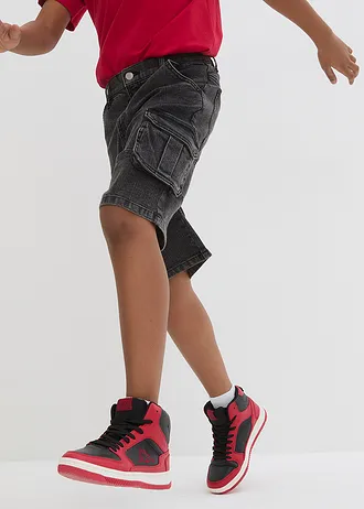 Jeansowe bermudy bojówki o kroju loose fit, z regulowanym pasem • czarny denim • sklep bonprix