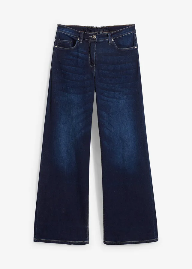 Dżinsy wide leg, mid waist, z wygodnym pasem • granatowy denim • sklep bonprix