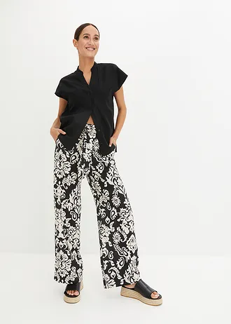 Rövid ujjú blúz szellős lenvászon keverékből, szín: fekete