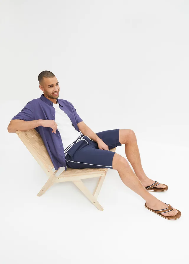 Overhemd met linnen, korte mouw, Kleur: indigo