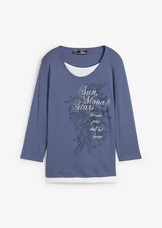 Bavlněné triko 2v1, 3/4 rukáv • indigo s potiskem • bonprix obchod