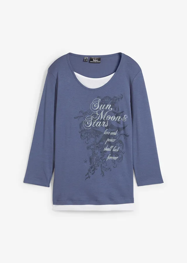 Bavlněné triko 2v1, 3/4 rukáv • indigo s potiskem • bonprix obchod