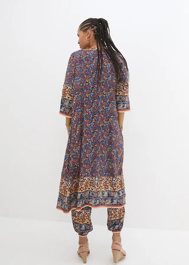 Long gilet estival en viscose, Couleur: bleu foncé/sable clair/miel