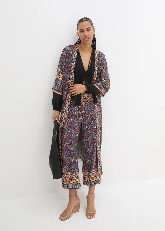 Long gilet estival en viscose, Couleur: bleu foncé/sable clair/miel