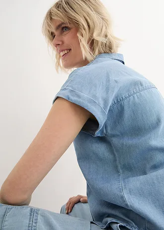 Džínová halenka se lnem, krátký rukáv • světle modrý denim • bonprix obchod