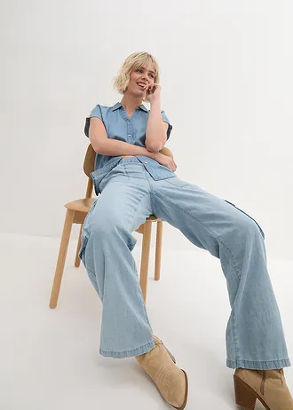 Džínová halenka se lnem, krátký rukáv • světle modrý denim • bonprix obchod