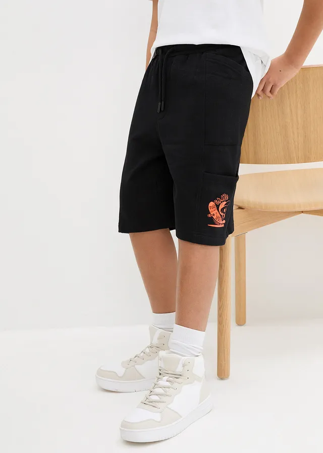 Jongens sweat bermuda van biologisch katoen, Kleur: zwart