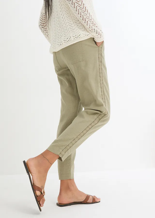 Pantalon en lin majoritaire avec empiècement de dentelle sur le côté, longueur cheville • new kaki • product-page.page-title-suffix