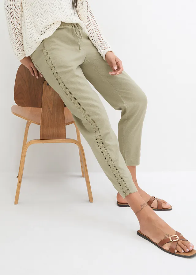 Pantalon en lin majoritaire avec empiècement de dentelle sur le côté, longueur cheville • new kaki • product-page.page-title-suffix