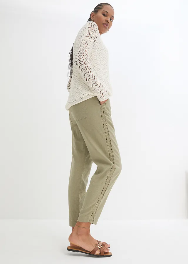 Pantalon en lin majoritaire avec empiècement de dentelle sur le côté, longueur cheville • new kaki • product-page.page-title-suffix