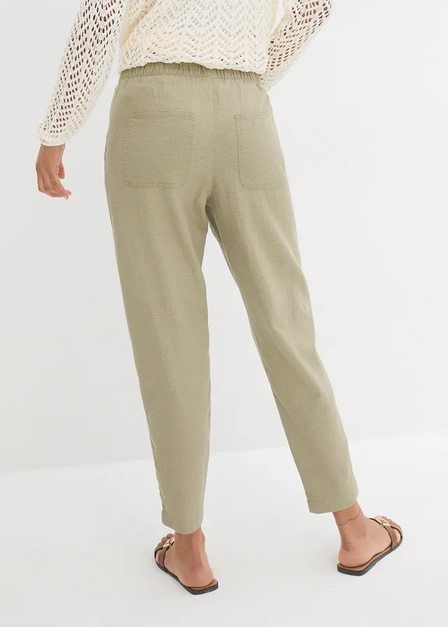 Pantalon en lin majoritaire avec empiècement de dentelle sur le côté, longueur cheville • new kaki • product-page.page-title-suffix