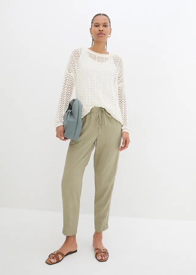 Pantalon en lin majoritaire avec empiècement de dentelle sur le côté, longueur cheville • new kaki • product-page.page-title-suffix