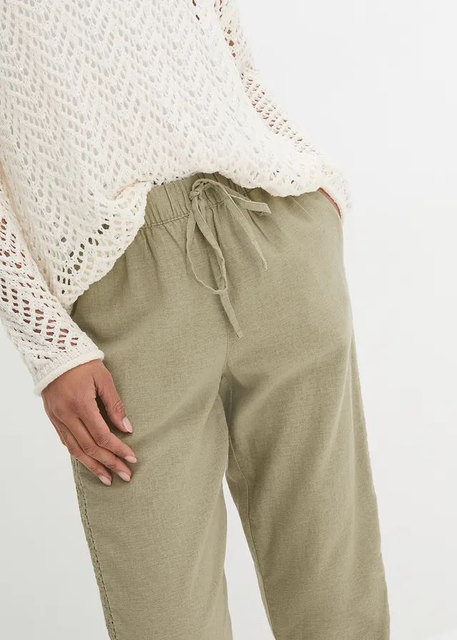 Pantalon en lin majoritaire avec empiècement de dentelle sur le côté, longueur cheville • new kaki • product-page.page-title-suffix