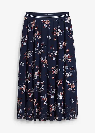 Midi rok met van mesh elastische comfortband, Kleur: donkerblauw - zwart gebloemd