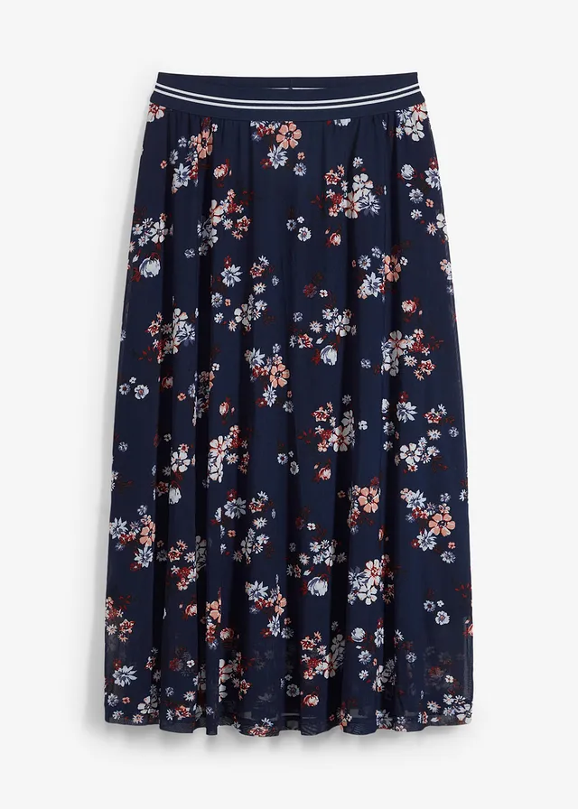 Fustă midi din țesătură mesh cu talie elastică • bleumarin-negru floral • magazin bonprix