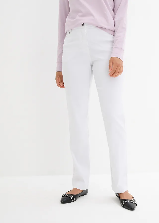 Pantalon droit en bengaline extensible, taille élastiquée, Couleur: blanc