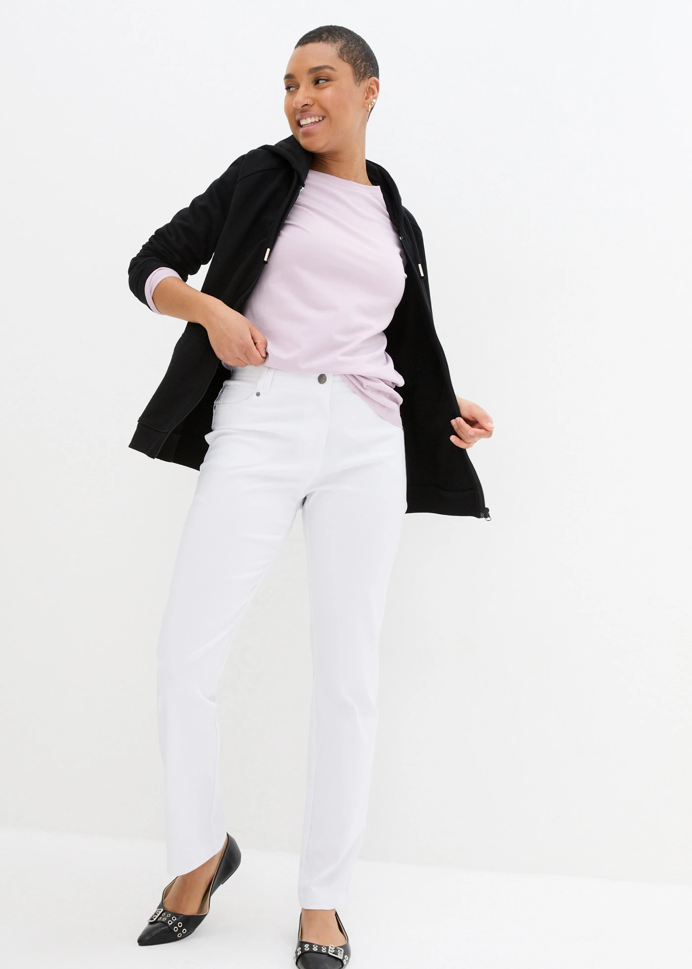 Pantalon droit en bengaline extensible, taille élastiquée • blanc • Boutique bonprix