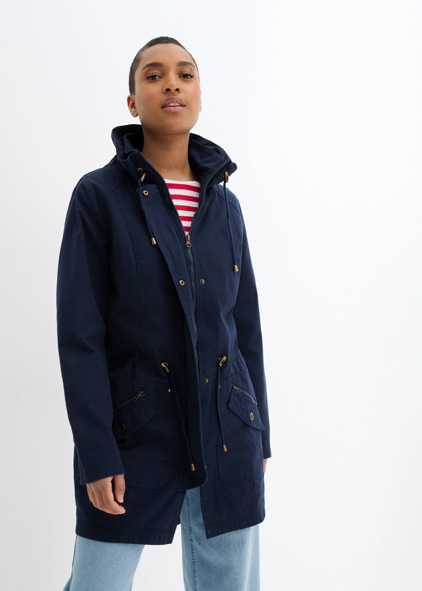 Korte katoenen parka met opstaande kraag, getailleerd • donkerblauw • bonprix online shop