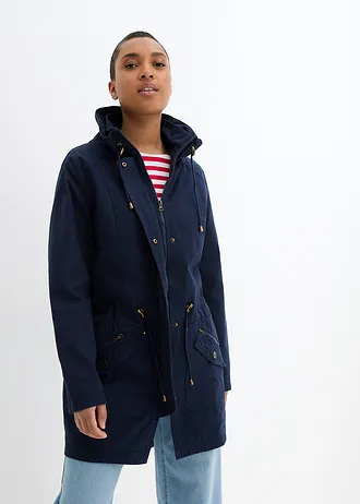 Korte katoenen parka met opstaande kraag, getailleerd, Kleur: donkerblauw