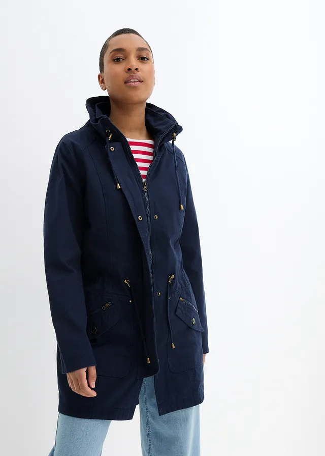 Korte katoenen parka met opstaande kraag, getailleerd • donkerblauw • bonprix online shop