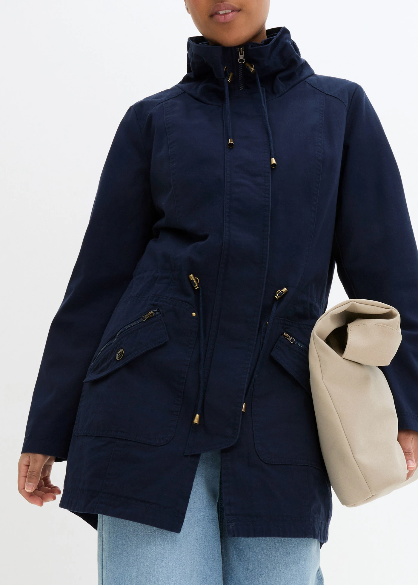Korte katoenen parka met opstaande kraag, getailleerd • donkerblauw • bonprix online shop
