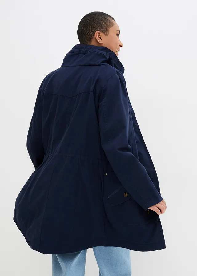 Korte katoenen parka met opstaande kraag, getailleerd • donkerblauw • bonprix online shop