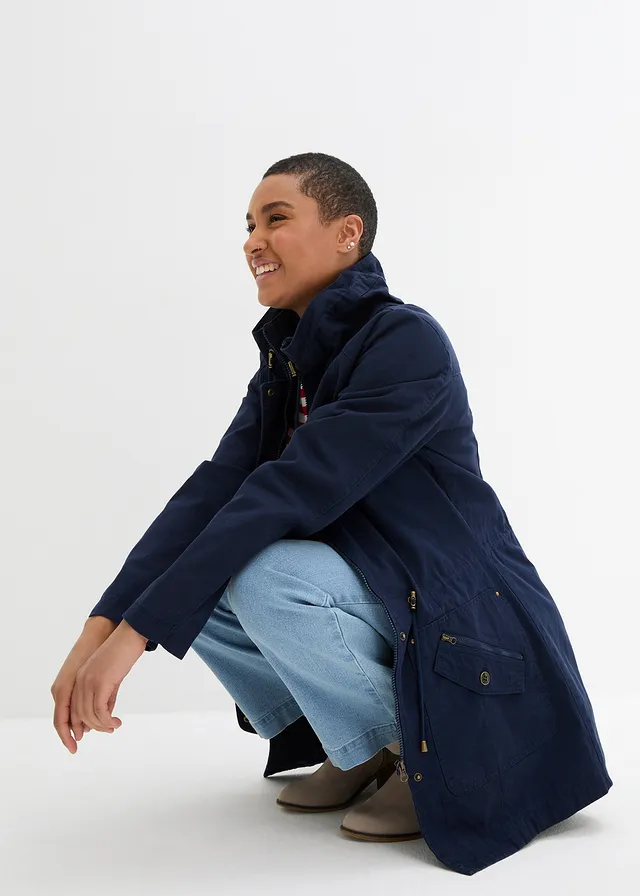 Korte katoenen parka met opstaande kraag, getailleerd • donkerblauw • bonprix online shop