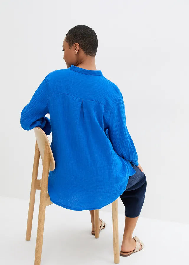 Lange blouse van luchtige mousseline, Kleur: azuurblauw