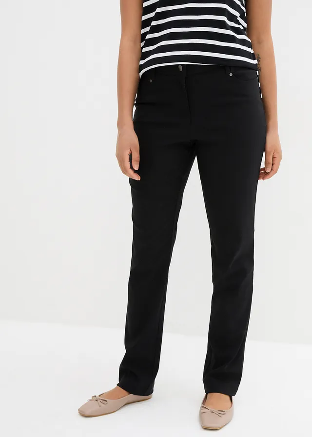 Pantalon droit en bengaline extensible, taille élastiquée, Couleur: noir