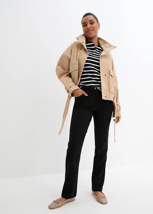 Pantalon droit en bengaline extensible, taille élastiquée, Couleur: noir