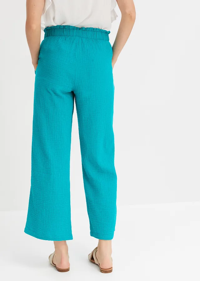 Pantalon large en gaze de coton, Couleur: émeraude