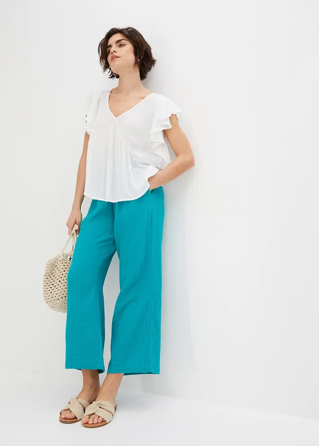Pantalon large en gaze de coton, Couleur: émeraude
