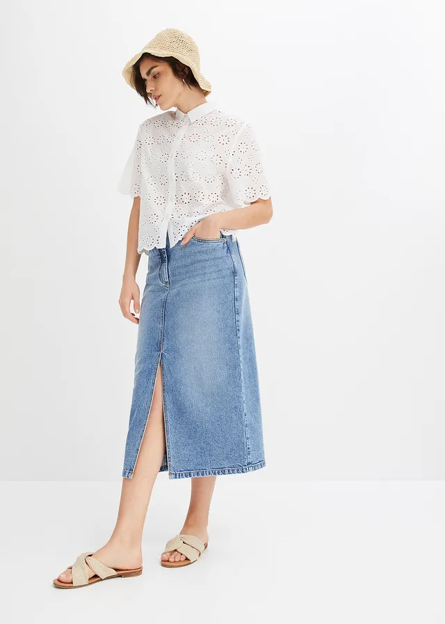 Blouse met korte mouw van puur katoen, Kleur: wit