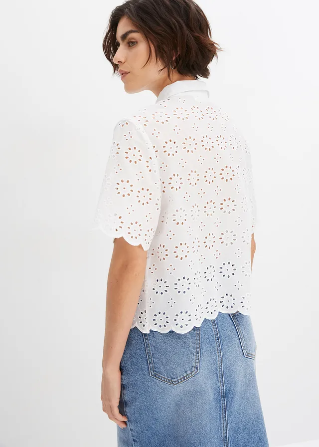 Blouse met korte mouw van puur katoen, Kleur: wit
