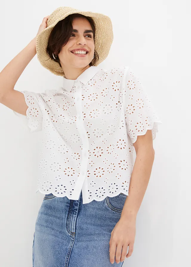 Blouse met korte mouw van puur katoen, Kleur: wit