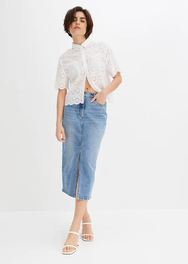 Jupe en jean fendue devant, Couleur: bleu denim