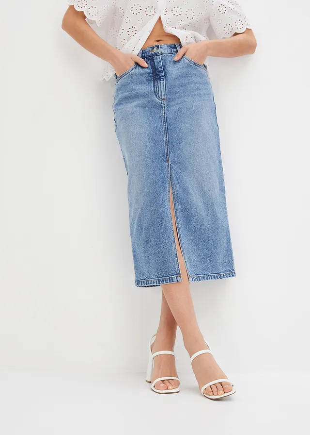 Jupe en jean fendue devant, Couleur: bleu denim