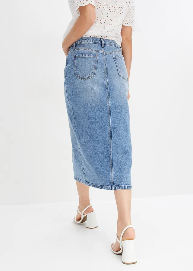 Jupe en jean fendue devant, Couleur: bleu denim