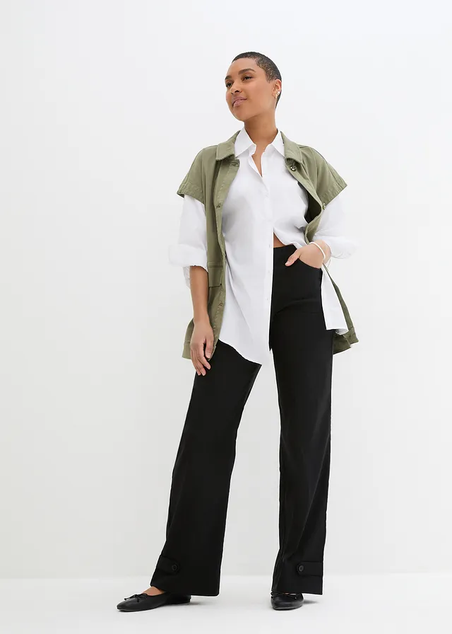Pantalon en bengaline extensible à taille élastiquée, Couleur: noir