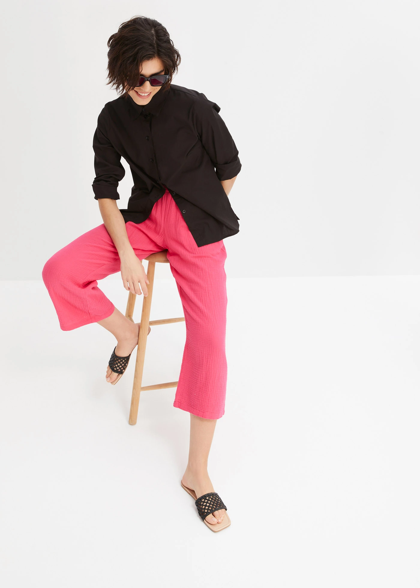 Pantalon large en gaze de coton • magenta • Boutique bonprix